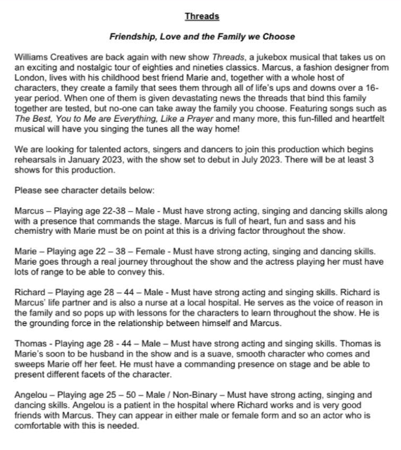WCreativesUK's tweet photo. 🌟AUDITION NOTICE🌟
👨‍👩‍👦Threads👨‍👩‍👦
Please see below the audition brief for an overview of the show, character roles and audition day details. 
support@williamscreatives.co.uk 
https://t.co/6lauSIJ7om https://t.co/gkonuznFZ0