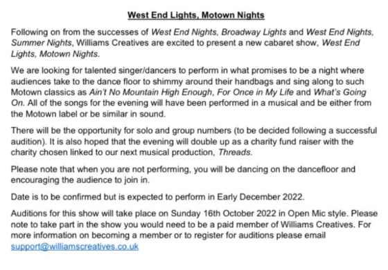 🌟AUDITION NOTICE🌟
🎤West End Lights, Motown Nights🎤
Please see below the audition brief for an overview of the show and audition day details. 
support@williamscreatives.co.uk 
williamscreatives.co.uk