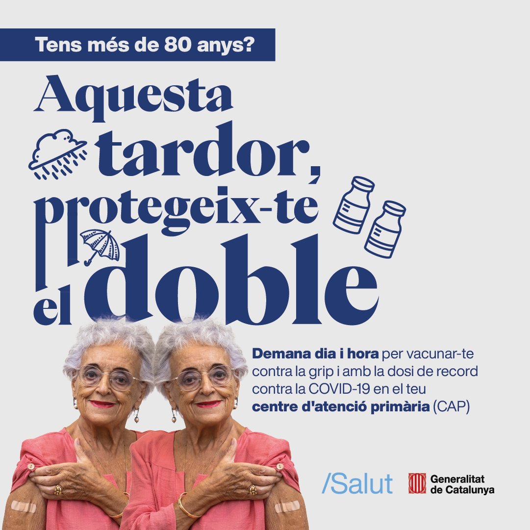 💉 Hem iniciat la vacunació de la 2a dosi de record contra la COVID-19 i contra la grip a les persones majors de 80 anys i residències. 

🏥 Per demanar cita, poseu-vos en contacte amb el vostre CAP.

🔊 Durant les pròximes setmanes, la vacunació s'obrirà a altres col·lectius.