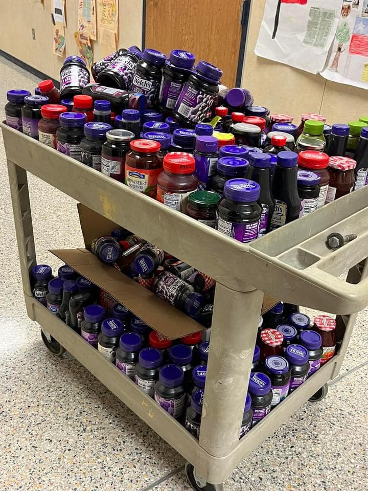 MontgomeryISD's tweet photo. Our @lse_montgomery Longhorns have cleaned the grocery store shelves of jelly! Check out all they’ve collected (47,000oz) for the @LakeCreekHS vs @mhs_bears Peanut Butter and Jelly competition, benefiting the @MCFoodBankTX! They added their own competition and it's paying off! https://t.co/QGuS8E1mCo