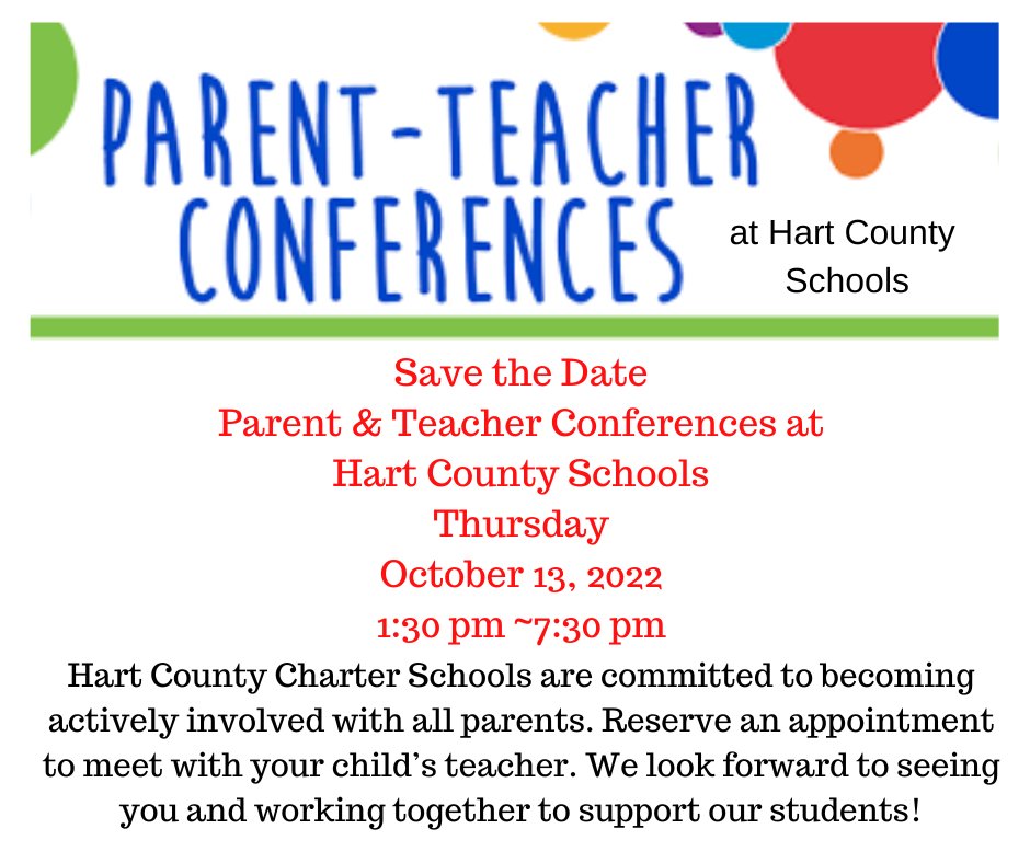 Save the Date:  Thursday, October 13th will be an early release day for students so that parents and teachers can meet throughout the afternoon.