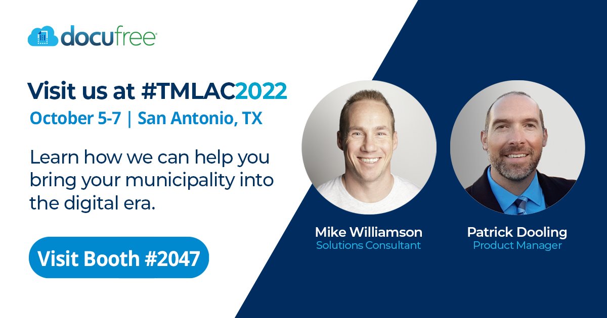 docufree's tweet image. Docufree will be at the @TML_Texas Conference &amp;amp; Exhibition, next week, in San Antonio. Visit with our experts at Booth 2047 to learn how to modernize how your municipality works bit.ly/3fv2rv1

#TMLAC2022 #Municipalities #Texas