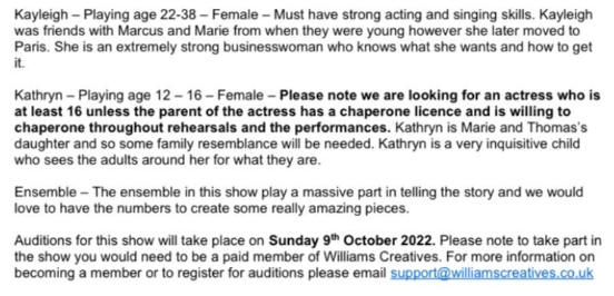 🌟AUDITION NOTICE🌟
👨‍👩‍👦Threads👨‍👩‍👦
Please see below the audition brief for an overview of the show, character roles and audition day details. 
support@williamscreatives.co.uk 
williamscreatives.co.uk