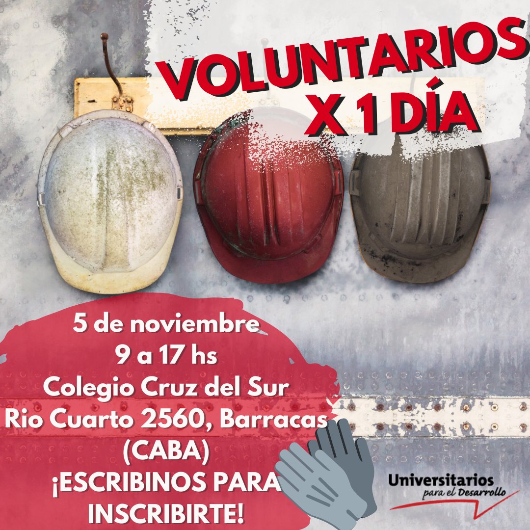 UPDesarrollo's tweet photo. Antes que termine el 2022 (y empiece el mundial) volvemos con #VoluntariosX1dia! 👷👩‍🏭⚒️ 
¡Vamos a hacer distintos trabajos materiales en el Colegio Cruz del Sur, en Barracas, donde van muchos chicos del Barrio 21-24!
Pedinos por privado el forms de inscripción!
Los esperamos! https://t.co/oRqnFMHbPA