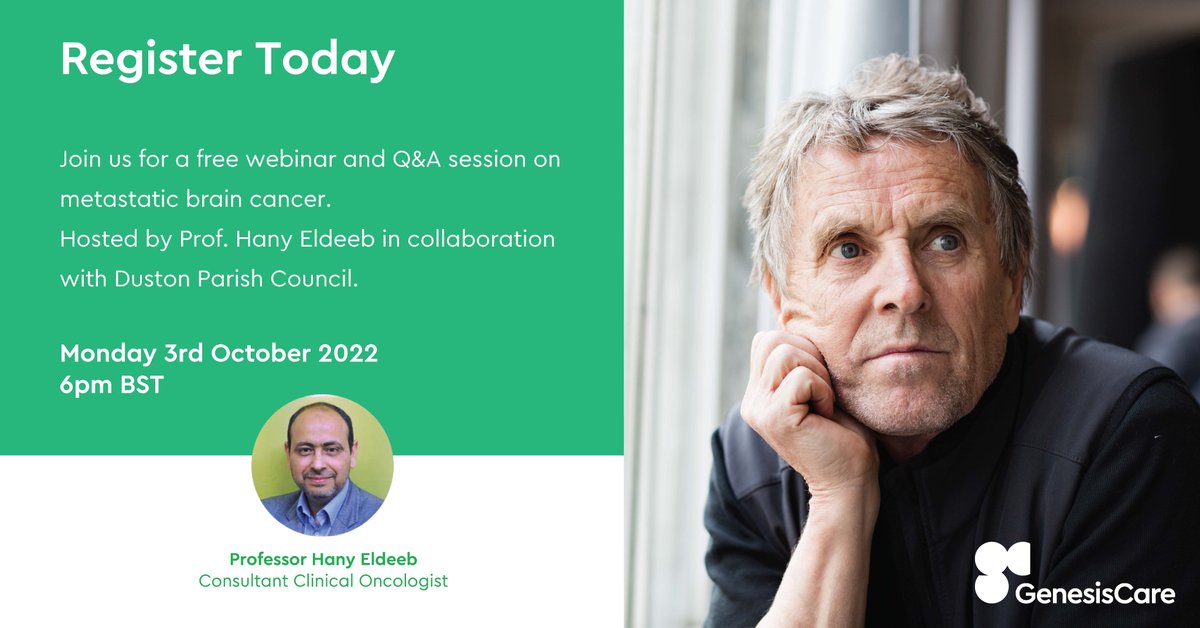 Join Professor Hany Eldeeb, Clinical Oncologist, for a free public webinar on metastatic brain cancer on 3rd October at 6pm BST. In collaboration with <a href="/Duston_PC/">Duston_PC</a>. Find out more 👉 bit.ly/3y25wZW

#designingbettercare #GenesisCare