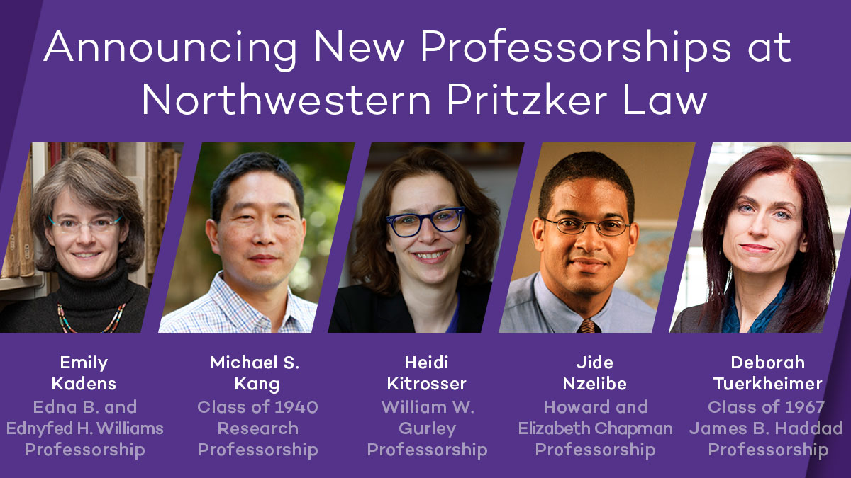 HariOsofsky's tweet photo. We are very excited to honor and celebrate @NorthwesternLaw Professors Emily Kadens, Michael Kang, @heidikitrosser, Jide Nzelibe, and Deborah Tuerkheimer for their important scholarly contributions today's 4 pm CT Installation Ceremony for their endowed professorships! https://t.co/33O5OfzrWc