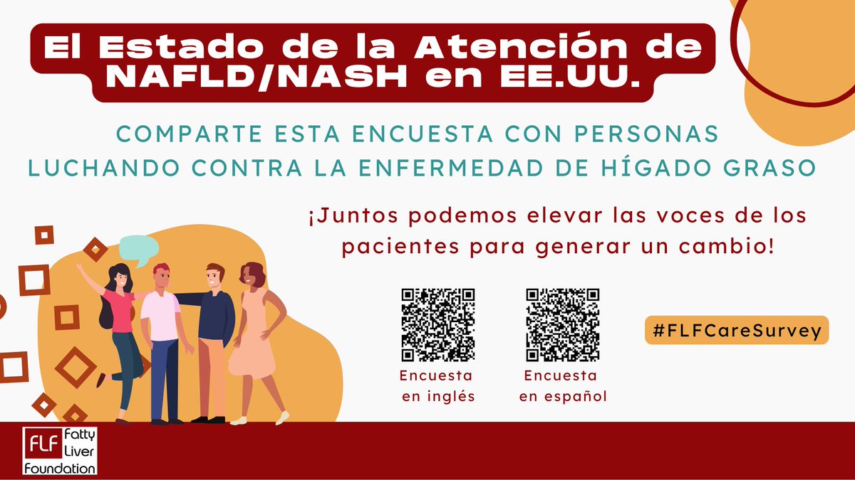 Cerca de 70% de personas en🇺🇸con #DM2 tienen #NAFLD la cual puede ser asintomática y por lo que los pacientes son diagnosticados en estadios avanzado. ¡Comparte #FLFCareSurvey con los pacientes! ¡Necesitamos su opinión para mejorar su cuidado!
➡️bit.ly/3fyPkck