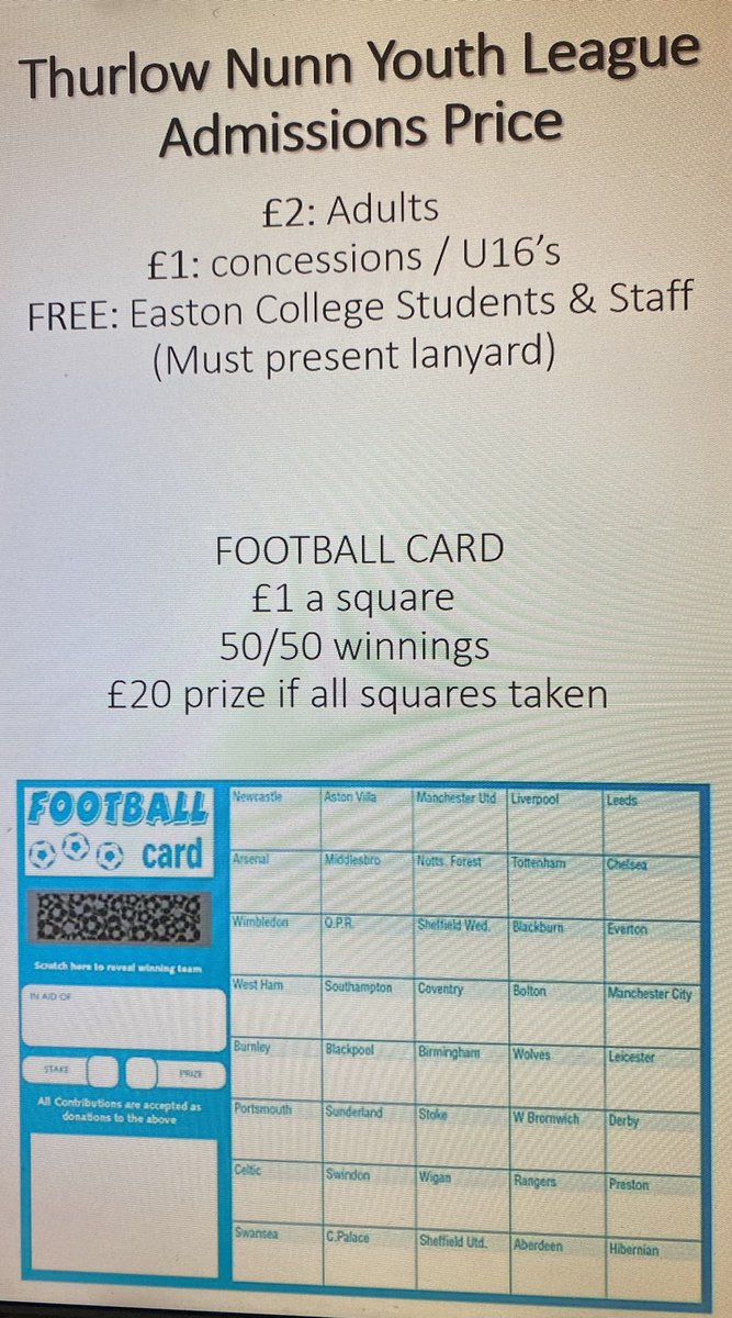 ⚽️⚽️ HOME U18 Thurlow Nunn Fixture ⚽️⚽️

Tonight we have our first HOME fixture! 
The lads welcome @sheringhamfc U18s to the College. 
£2 adults
£1 concessions/U16s 
College staff and students FREE! 

£1 for a go on the football card too! 

Come show your support for the lads!!