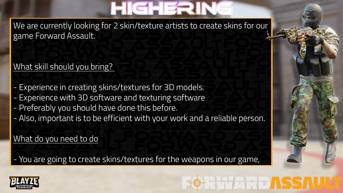 fwdassaultgame's tweet image. We are still looking for skin/texture artists,

Please contact us via DM or under devteam@blayzegames.com

Details about this opening are in the image below!

#HIRINGNOW #3Dartist #hiring