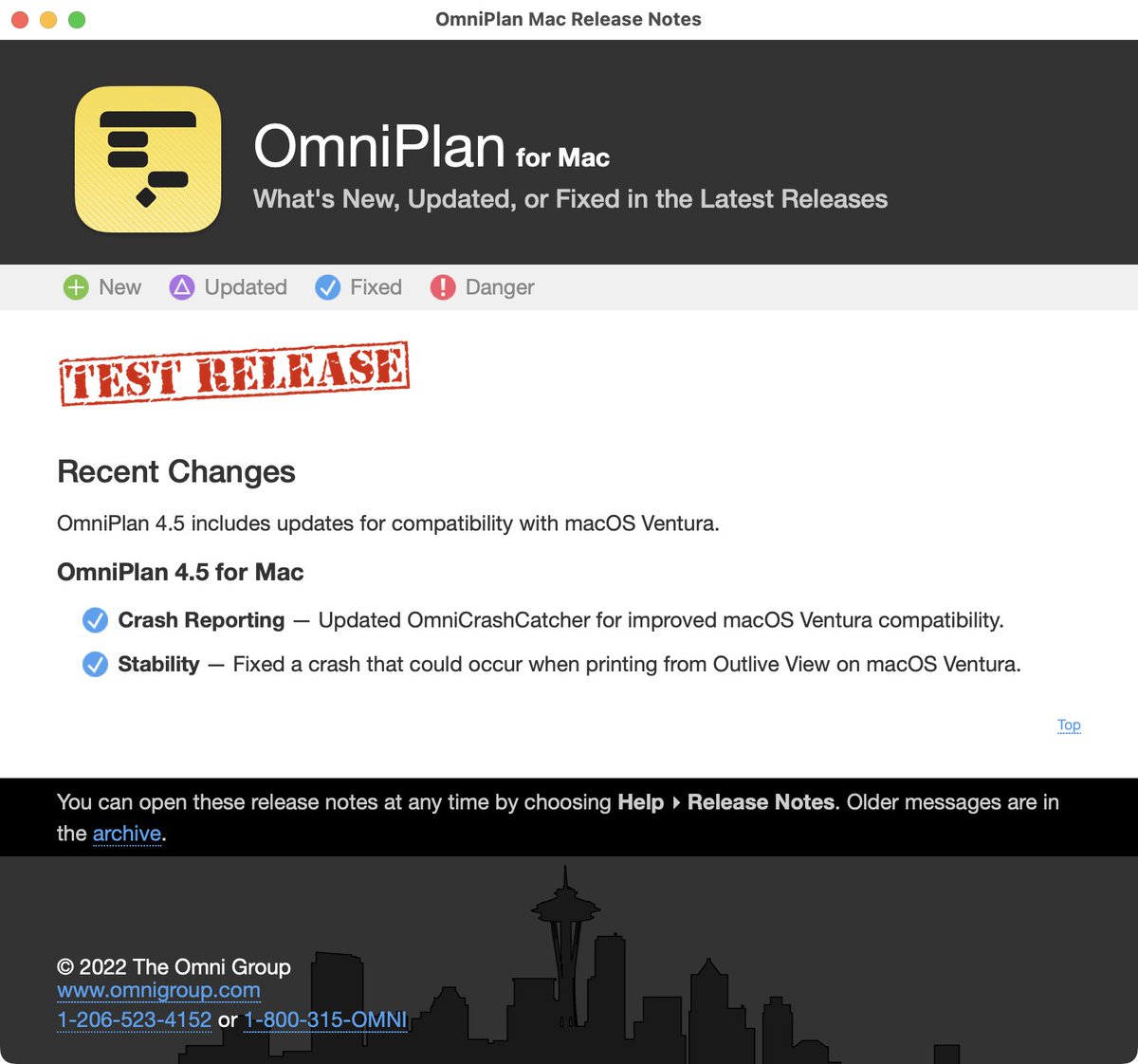 Test builds of OmniPlan 4.5 for Mac, which improves compatibility with macOS Ventura, are now available!

omnistaging.omnigroup.com/omniplan/