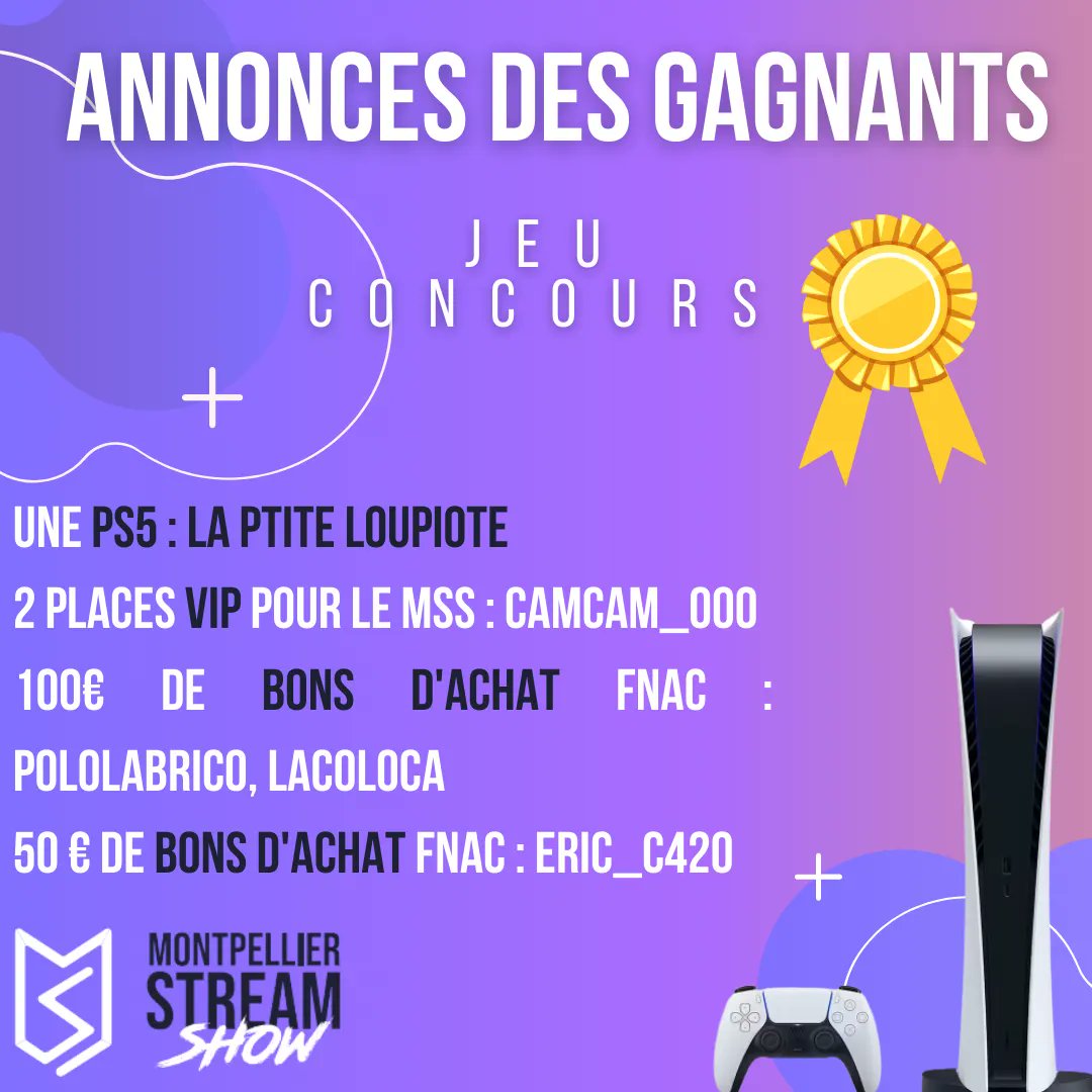 🟣GAGNANTS CONCOURS MSS🟣
Félicitation aux gagnants,
Et merci aux participants ! ✨️
PS5 : La ptite loupiote
2 places VIP : CAMCAM_000
100€ de bons d'achat Fnac : Pololabrico et Lacoloca
50€ de bons d'achat Fnac : Eric_C420👏