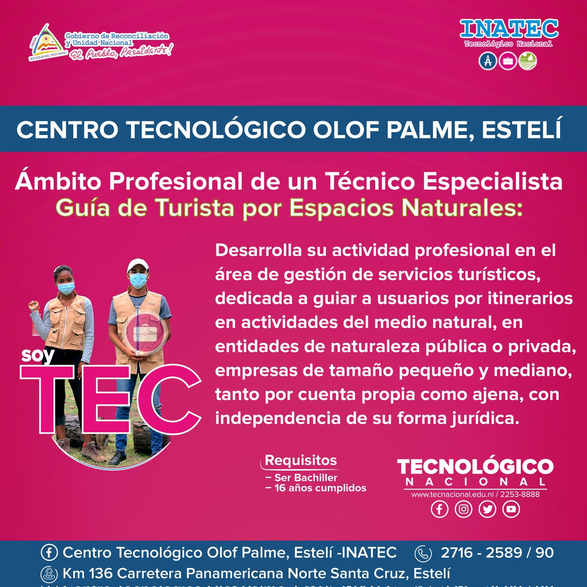 Te mostramos el Ámbito Profesional en el que te desempeñarias estudiando la Carrera Técnico Especialista en Guía de Turista por Espacios Naturales en nuestro Centro Tecnológico Olof Palme.
#SoyTecNicaragua🇳🇮🏕🌄