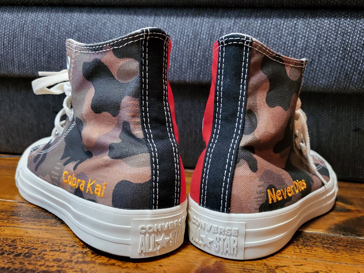 ValentineFair's tweet photo. I like my stuff unique, so I finally ordered #ConverseByMe and dedicated my first custom design to my most beloved Johnny-Classic! ๐ฅฐ I love every detail and how they turned out! ๐ #CobraKaiNeverDies #TheKarateKid #80snostalgia #JohnnyLawrence #CobraKai #CustomChucks #inspired https://t.co/k1I3MyTQek