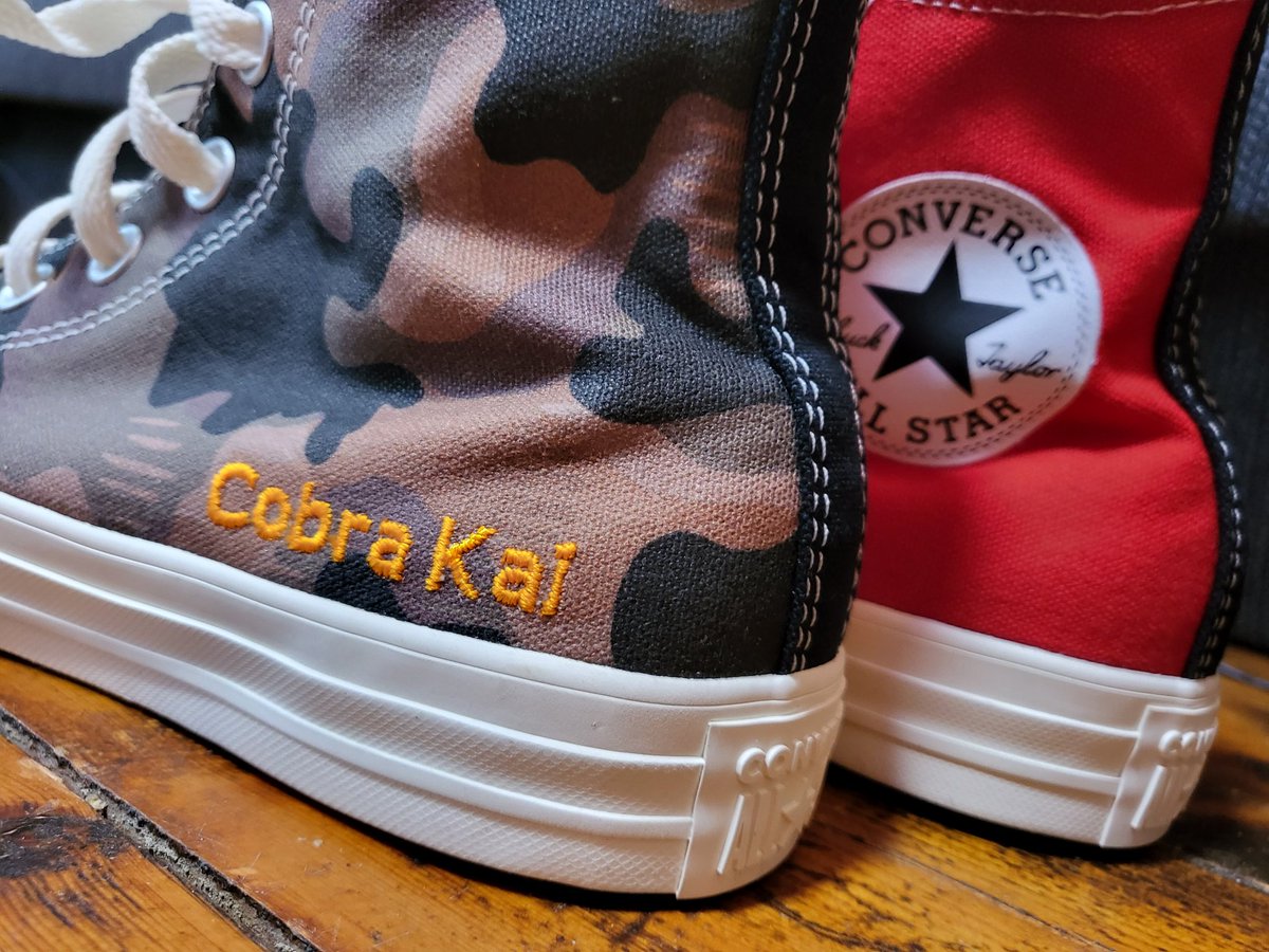 ValentineFair's tweet photo. I like my stuff unique, so I finally ordered #ConverseByMe and dedicated my first custom design to my most beloved Johnny-Classic! ๐ฅฐ I love every detail and how they turned out! ๐ #CobraKaiNeverDies #TheKarateKid #80snostalgia #JohnnyLawrence #CobraKai #CustomChucks #inspired https://t.co/k1I3MyTQek