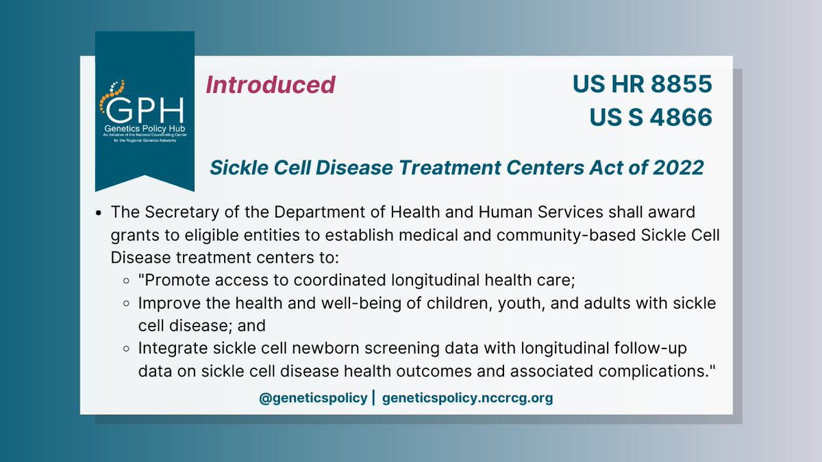 GeneticsPolicy's tweet image. On September 15, 2022, the U.S. House and Senate introduced a bill to require @HHSGov to expand funding for eligible entities, including #FQHCs, to establish a network of treatment centers for #SickleCell disease and other #hemoglobinopathies. Learn more: bit.ly/3S8Dl3r