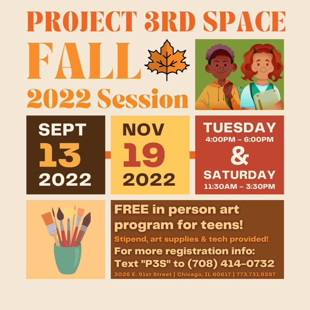 skyartnfp's tweet photo. Are you getting your ✨🍂fall aesthetic🍂✨ ready?  Are you between 14 and 24? Grab your favorite sweater and come join SkyART Studios Project 3rd Space program! More info on our website - linktree in our bio! 
.
.
.
#skyartnfp #FREE #southchicago #chicago #project3rdspace https://t.co/CmEDW1XUdU