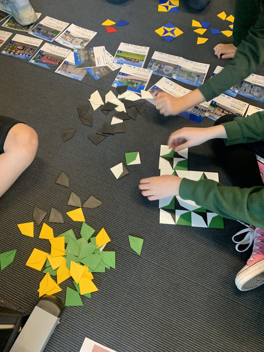MissMillar2's tweet photo. So much creativity during our free choice math week activities! Love these tile designs! I would definitely have the black and white one in my own bathroom ❤️ @Stoneywood_1  #mathweekscotland https://t.co/MtP70glz0u