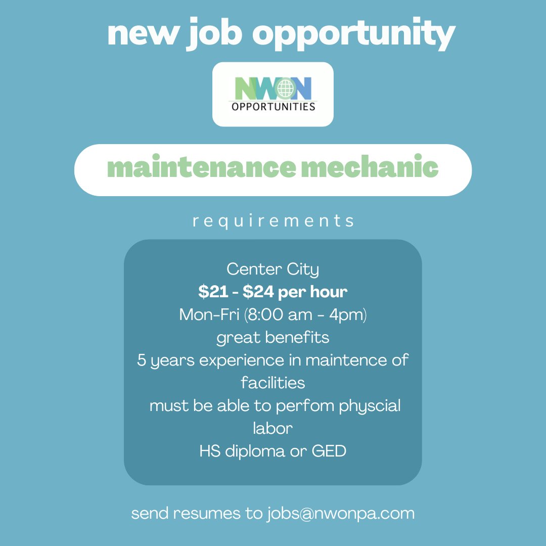 NWONPA's tweet photo. JOB ALERT!

The Maintenance Mechanic needs to perform duties related to building maintenance, such as moves, relocation of staff, construction of work stations, floor care, performs site inspections. Also perform basic plumbing, carpentry, electrical,  &amp; HVAC work/repairs. https://t.co/48MPuiIJG9