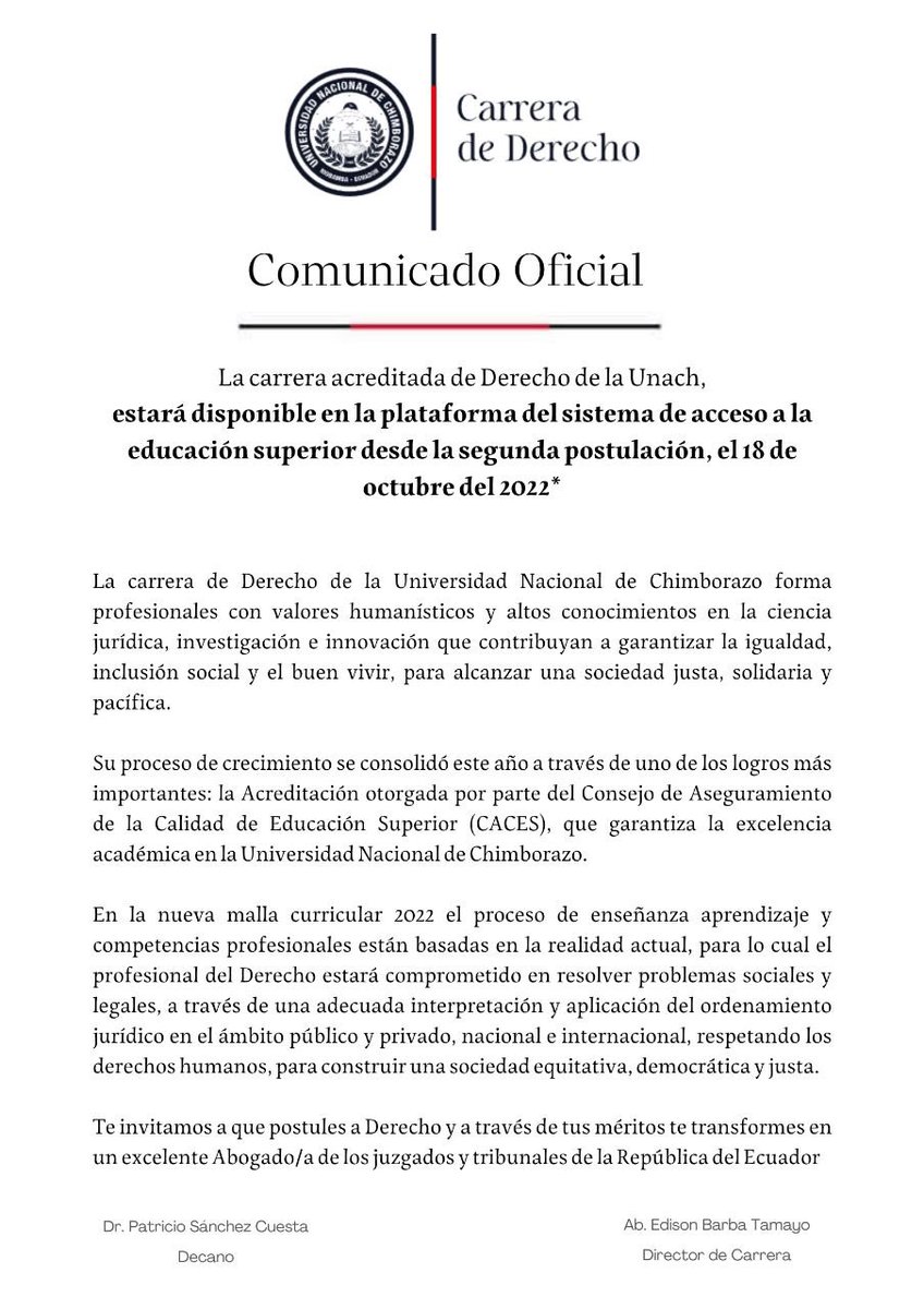 _derecho_unach's tweet photo. #Admisión

Las 30 carreras Unach constarán en la oferta académica en la plataforma del SNNA en la primera postulación a partir del 2 de octubre del 2022. 👨‍🎓👩‍🎓

📌 La nueva Carrera de Derecho estará en oferta desde la segunda postulación a partir del 18 de octubre del 2022. 🗓️ https://t.co/FMXIoRJleE