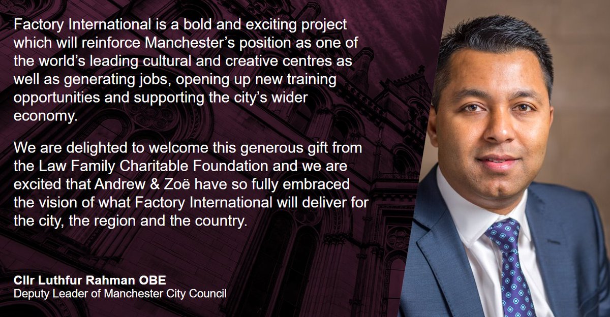 A major gift of almost £3m has been secured for Factory International, the new world-class Manchester venue where great art, jobs and training, and a wider economic boost will be created. orlo.uk/IDP5G