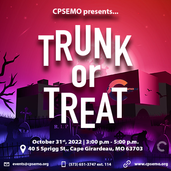 Don't forget about our Trunk or Treat on Halloween next month! It's going to be fun filled candy time with lots of cheer! What costume are you planning on wearing?
*
*
#CPSEMO #TrunkorTreat #Halloween #FreeEvent #KidFriendly #TogetherWeRise