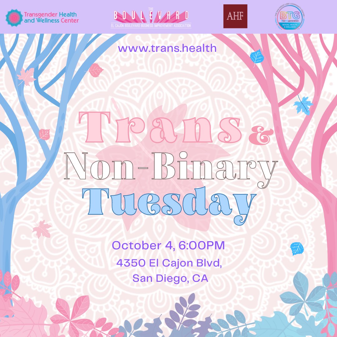TransHAWC's tweet image. Trans and Non-Binary Tuesday!!
From 6-8pm
4350 El Cajon Blv., San Diego, CA 92105

#transtuesday #transandnonbinary #trans #transsandiego #sandiegotransgirl #sandiegononbinary  #transcommunity #transpride #nonbinarypride