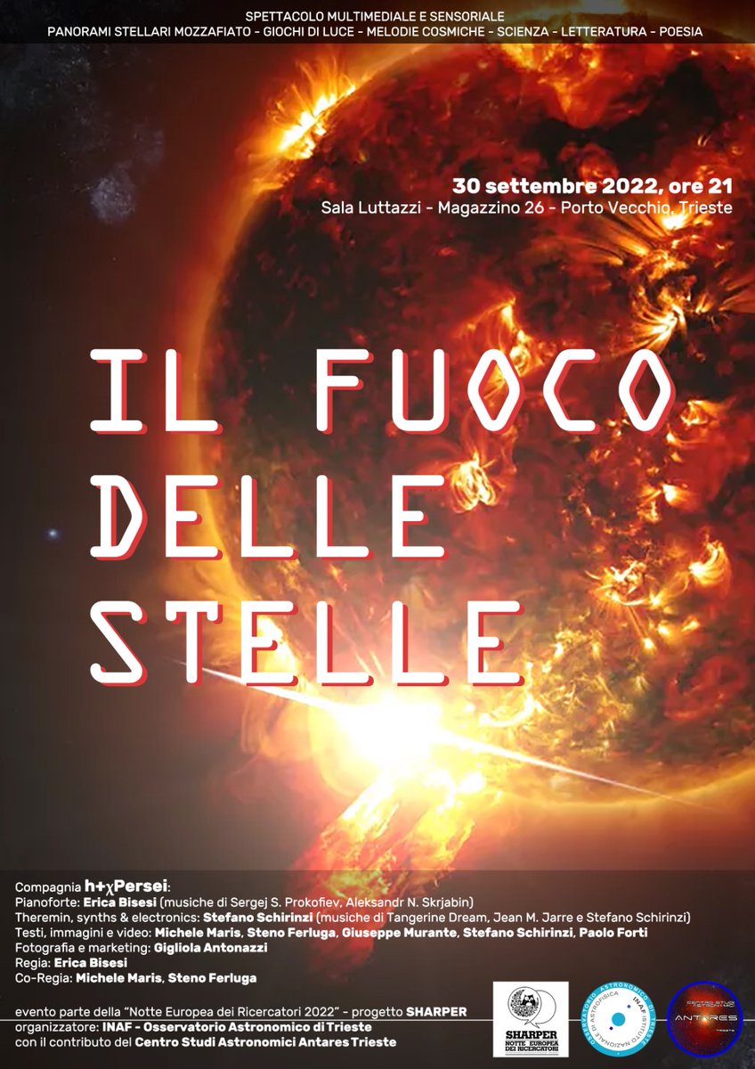 phgigliola's tweet photo. IL FUOCO DELLE STELLE torna alla Sala Luttazzi il 30 Settembre alle ore 21, per la Notte Europea dei Ricercatori 2022, promosso da INAF.
#Trieste #astronomia #musica #poesia #ricerca
https://t.co/M7JWZnZyyz

@mediainaf @sharpernight https://t.co/F1VWZEr6qE