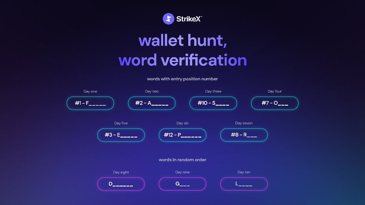 TradeStrikeBVI's tweet photo. Ok, as it's launch day, we're feeling generous...
If you're still struggling to find some of the Seedphrase words in our #WalletHunt, here's a little bit of help!
#StrikeX #TradeStrike #StrikeXWallet https://t.co/YDrIp5gdrx