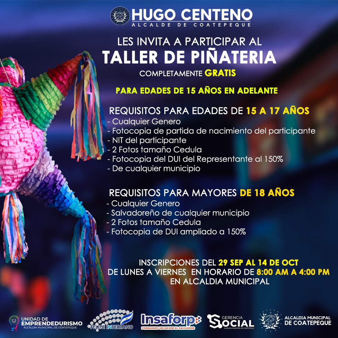 Nuestro alcalde <a href="/hugocentenoalc/">Hugo Centeno</a> hace la invitacion a participar en el taller de piñateria.

Inscripciones abiertas