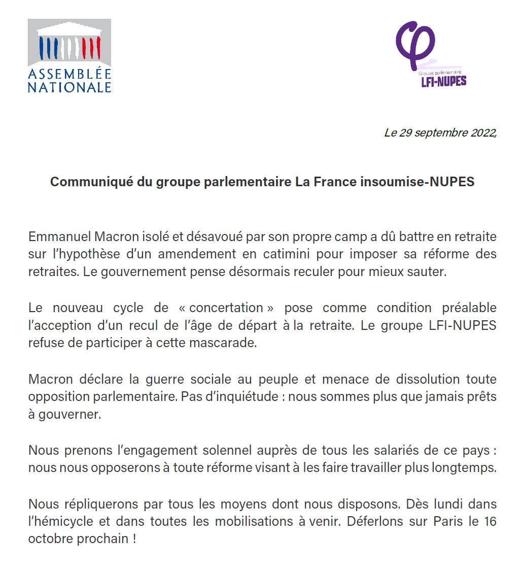 FiAssemblee's tweet photo. 🔴 Notre groupe ne participera pas à la mascarade d'une "concertation" sur leur réforme des retraites !

Nous nous opposerons à toute réforme visant à faire travailler les salariés plus longtemps.

Déferlons sur Paris le 16 octobre prochain  ✊

Retrouvez notre communiqué ⤵️ https://t.co/k7DhPDO3lB