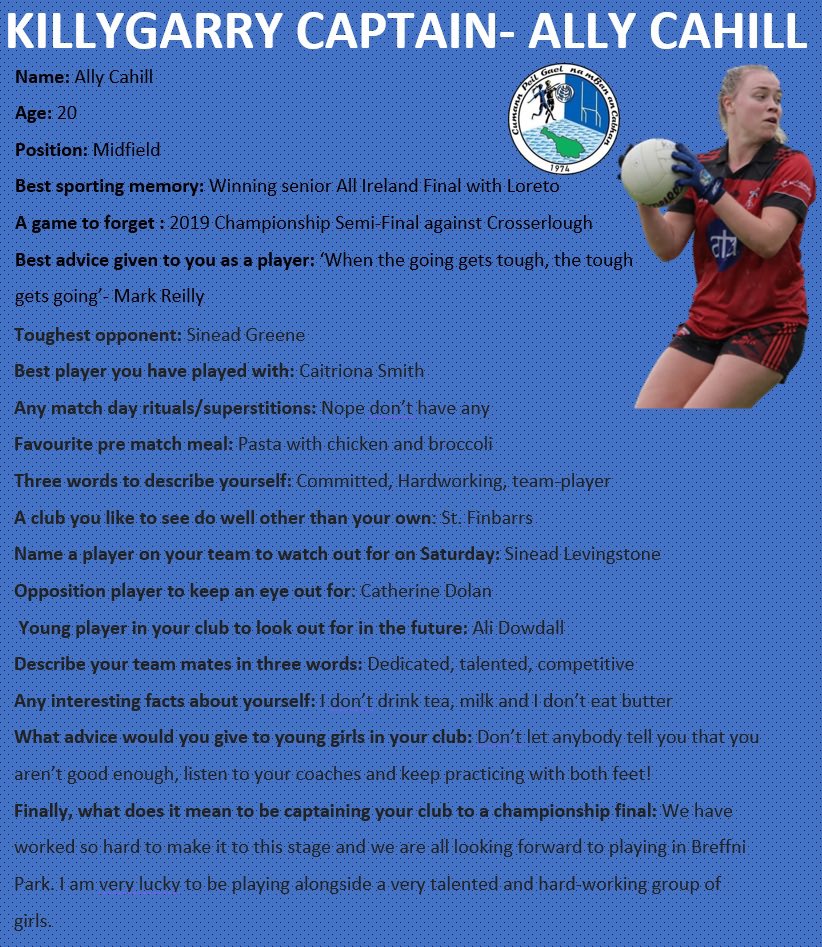 CavanLGFA's tweet photo. Now, introducing the Killygarry captain Ally Cahill 

At only 20 years of age Ally has the huge honor of leading her club to their first ever senior championship final on Saturday at 3pm in Kingspan Breffni. 

The best of luck to Ally, her team and management on Saturday 🔴⚫️ https://t.co/NYMc5DKUm1