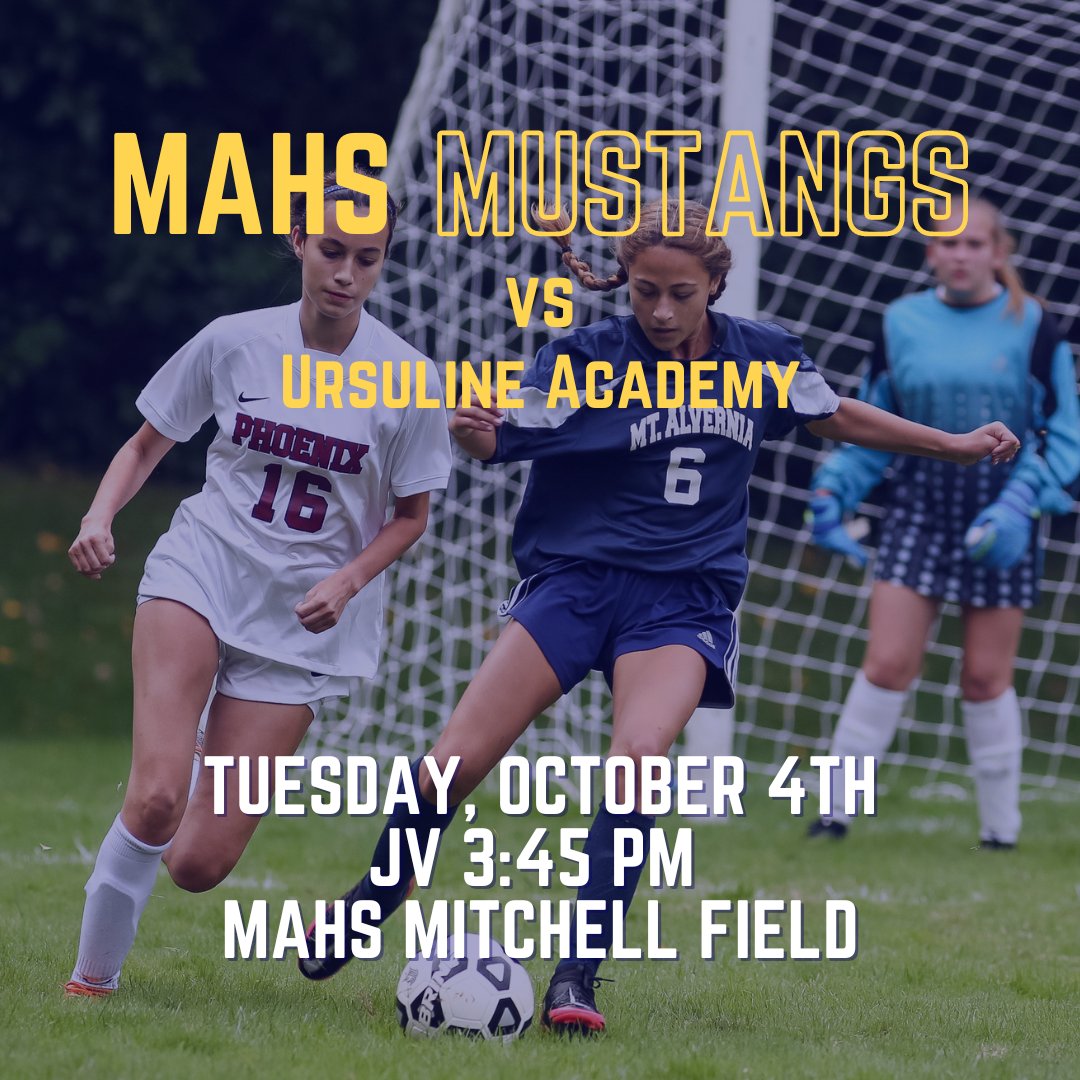 mountalverniahs's tweet photo. JV SOCCER HOME GAME! Come down to Mitchell Field to support the JV girls as they host @UrsulineAcademy today at 3:45 pm. Don’t forget your MAHS gear and your loudest cheering voice! We’ll see you there! https://t.co/SFTA6pvgNV