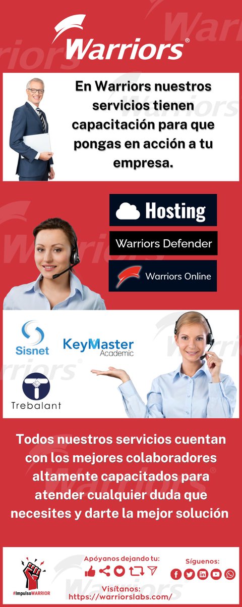 #ImpulsoWARRIOR Con tu apoyo podremos estar más cerca de tiSíguenos en nuestras redes sociales y en nuestro BLOG warriorsdefender.mx
 Canal de YouTube: youtube.com/channel/UCK7M
Facebook: facebook.com/WarriorsLabs
Twitter: x.com/WarriorsLabs
LinkedIn:linkedin.com/company/warrio…