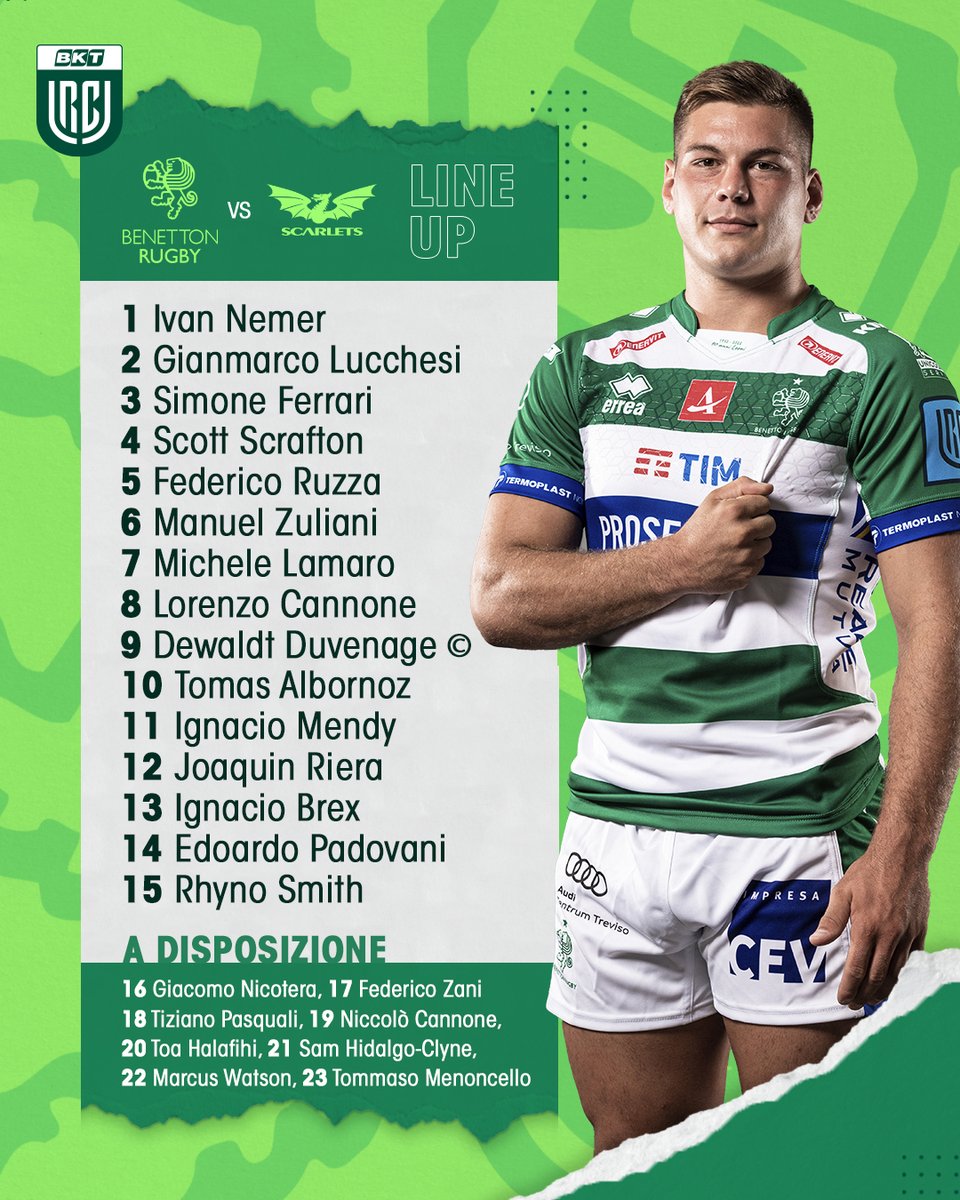 🦁 I 23 #Leoni scelti per affrontare gli <a href="/scarlets_rugby/">Scarlets Rugby</a> 
🏆 3º Round <a href="/URCOfficial/">BKT United Rugby Championship (URC)</a>  
📅 01.10.2022
⌚️ 18:15 🇮🇹
🏟️ Monigo di Treviso
📱 #BENvSCA
🖥 <a href="/Eurosport_IT/">Eurosport IT</a> 2

#wearelions #biancoverdi