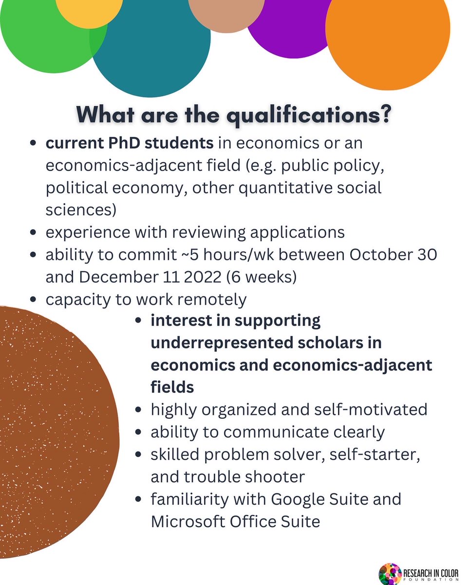 researchincolor's tweet photo. Calling all PhD students in economics and economics-adjacent fields! Are you interested in supporting Research in Color with its application review process? If so, apply now to be a 2023 graduate fellow!! Head to our website https://t.co/cpQszFaajM to apply and for more info! https://t.co/p8i3mE1EDf