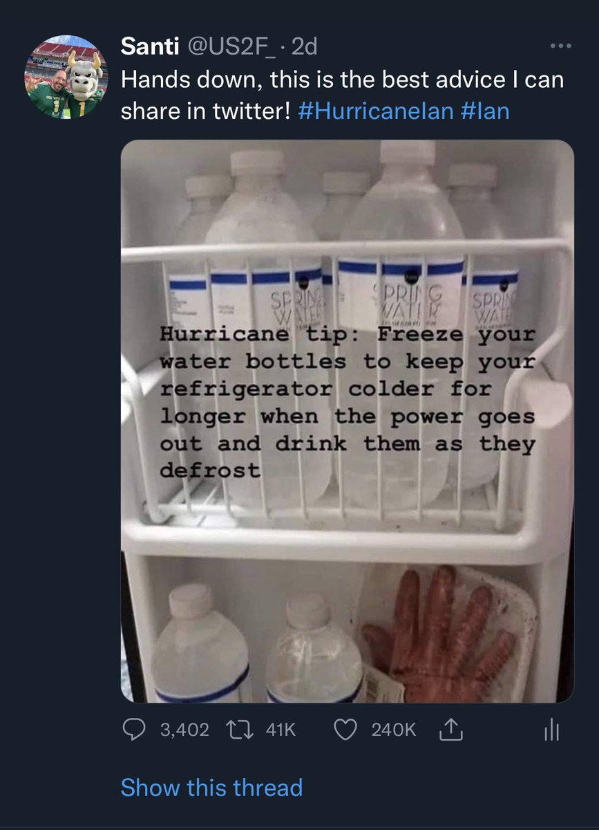 USFpunDaddy's tweet photo. I’m never posting hurricane life hacks on twitter again!
Thankful everyone is safe & I can turn my notifications on again!
#ByeIan https://t.co/WuBrdBGTgK