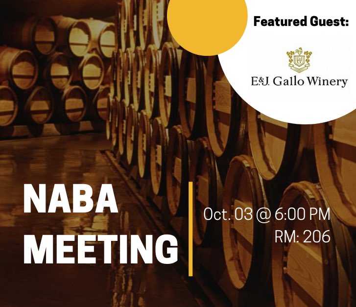 Hey Naba fam, we’ve got another great networking and learning opportunity. E&amp;J Gallo Winery is a winery and distributor headquartered in Modesto, California. Interested in learning more about E&amp;J Gallo? Come to room 206, this Monday, Oct 3rd, at 6pm! Hope to see you there!