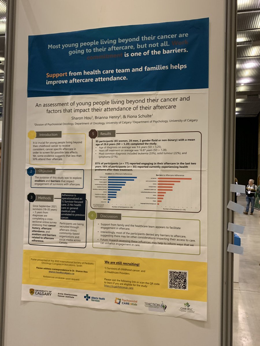 How can we improve aftercare clinic attendance of Canadian childhood cancer survivors? Check out <a href="/sharonhjhou/">Dr. Sharon HJ Hou, R. Psych. (she/her)</a>’s poster at #SIOP2022 

Also! We’re still looking for 🇨🇦 survivors of childhood cancer (18-39yrs) &amp; clinicians for an online survey 👇🏻 

redcap.cru.ucalgary.ca/surveys/index.…

<a href="/SIOPPPO/">SIOP-PPO</a>