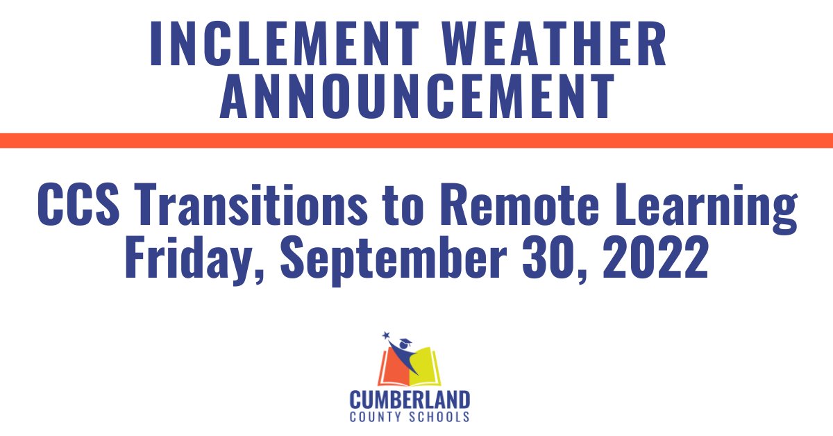 CumberlandCoSch's tweet photo. In anticipation of inclement weather conditions that may impact our region and with the safety of our students, employees, and families in mind, Friday, September 30, 2022, will be an asynchronous remote learning day for CCS students. Learn more at: https://t.co/dzVlKEgxYn. https://t.co/2nJ6lLum3M