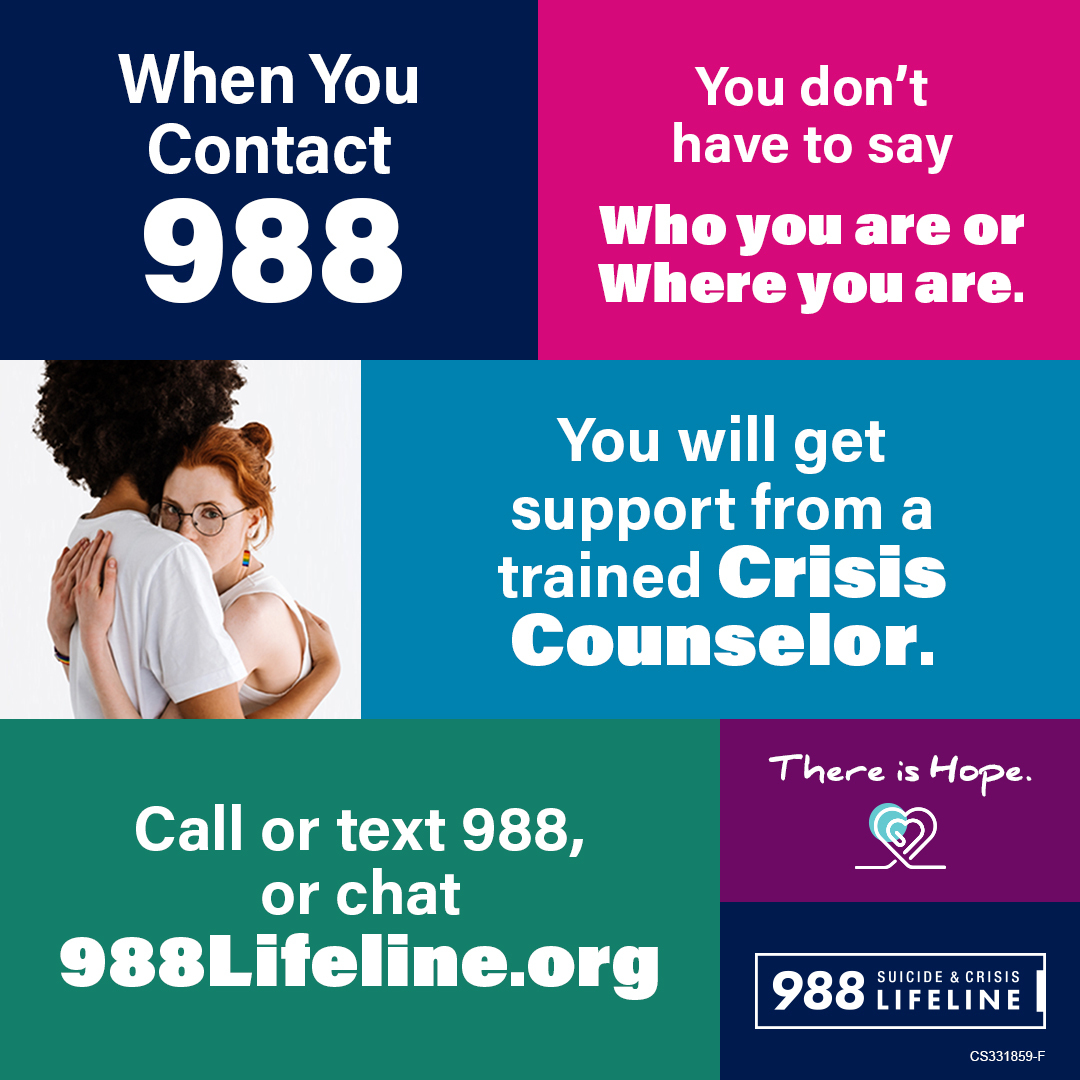 samhsagov's tweet photo. 988 Fact: It’s OK to not say who you are or where you are when you call, text or chat 988. The 988 Lifeline is here for you. #suicideprevention #988lifeline #SPM22 https://t.co/oUCo3Y92NP