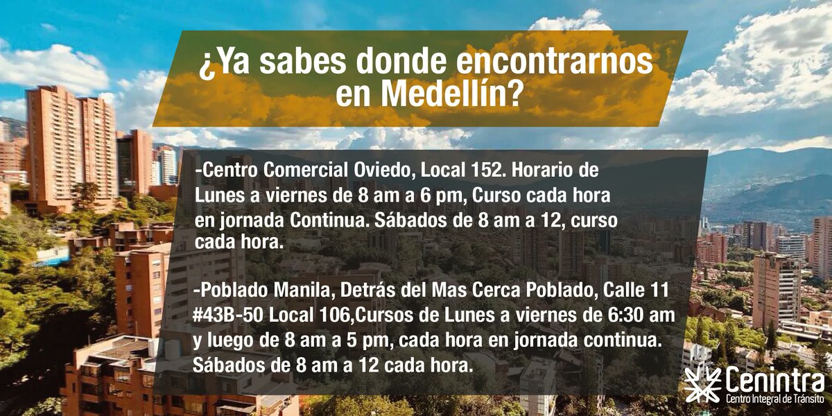 cenintra's tweet photo. ��� ¿Vives en Medellín y tienes multas pendientes por pagar? Acércate a nuestras sedes.  Horario de Lunes a viernes de 8 am a 6 pm, Curso cada hora en jornada Continua. Sábados de 8 am a 12.⏰ https://t.co/b619bZZkOi