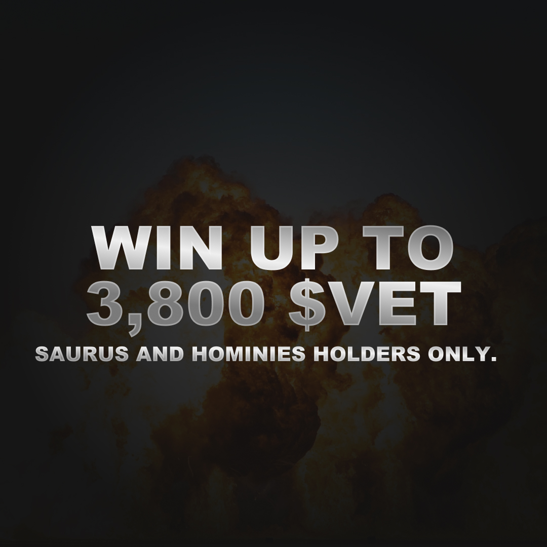 Win up to 3,800 $VET via the Domination Battle Rooms Game!💰

Saurus and Hominies holders only.

Mint now your Dominator, strongest ones are still available!🔥
domination.worldofv.art
hominies.worldofv.art/#/

#DominationArena #VNFT #NFT #VeChain #VeFam $WoV #NFTMarketplace