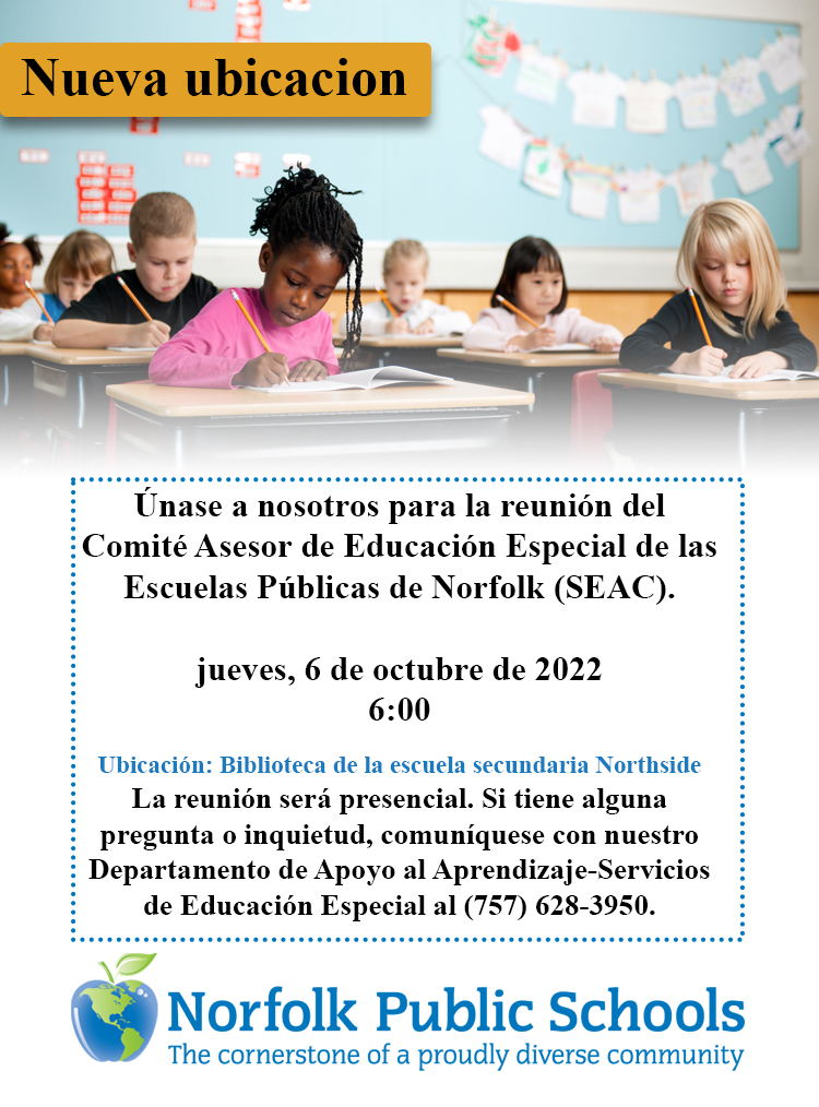 NPSchools_VA's tweet photo. The @NPSchools SEAC will hold its next meeting on Thursday, October 6, at 6 PM in the library at #NorthsideMiddleSchool.

The meeting is in-person. If you have any questions,  please contact our Department of Learning Support-Special Education Services at (757) 628-3950. https://t.co/dlF3ZoVmvd