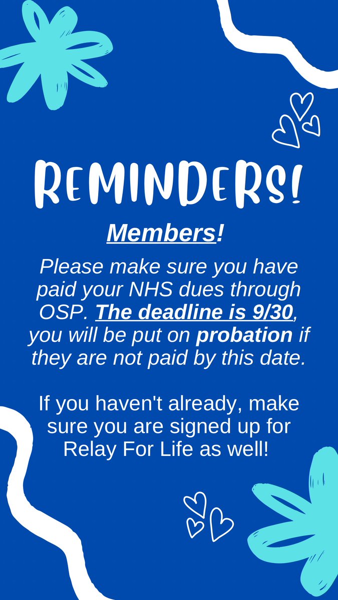 MEMBERS! Tomorrow (9/30) is the deadline to pay dues before being put on probation! Please make arrangements to pay them before tomorrow night.