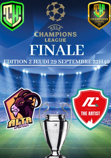 Finale de la Hulk Champion's League pour nos joueurs club pro ! 
Rendez-vous en live à partir de 22h20 ! 

22h40 <a href="/Alta_ESport/">Alta Esport</a> - <a href="/Mgt13TheArtist/">MGT13 THE ARTIST</a>

Bonne chance à tous ! 
Forza ALTA 🟣🟠 
<a href="/JURIAN_HULK/">JURIAN HULK</a>
m.twitch.tv/alta_melie