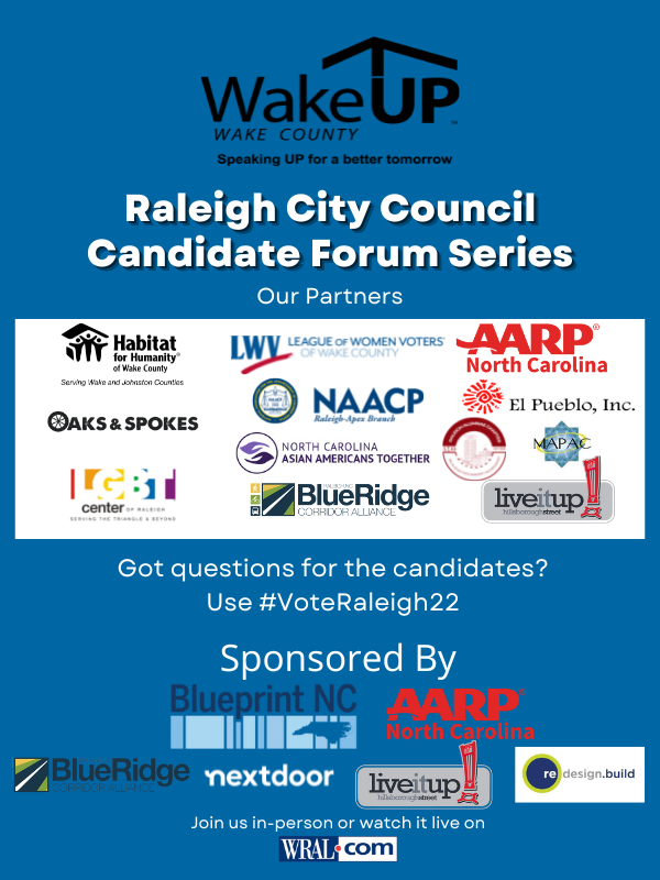 wakeupwake's tweet photo. Thank you #BlueprintNC for your grant support for our candidate forums and local election awareness campaign. With over a dozen partners, we are reaching out to thousands of voters to inform them of the local races this midterm. #VoteRaleigh22 https://t.co/eaEYhHghhL