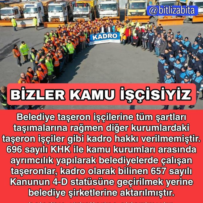 BitinHakki NormKadro
BELEDİYE ŞİRKET İŞÇİLERİ kölelik ayarında haklarla çalışıyorlar. İster iktidar ister muhalefet partisi olsun belediye şirketleri işçileri azgın biçimde sömürülmektedir.

Bu sömürüye son verecek kadro ile eşit işe eşit ücret, eşit hakları hak ediyorlar.