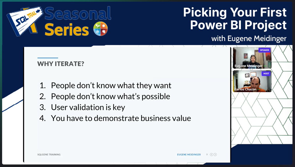 sqldatapartners's tweet image. SQL Trail Seasonal Series has started with @SQLGene taking us through the 1st Session on "Picking Your First Power BI Project" with @CarlosLChacon #SQLTrail #SeasonalSeries #SQL #PowerBI #SQLDataPartners #SQLDataNow @Microsoft #data