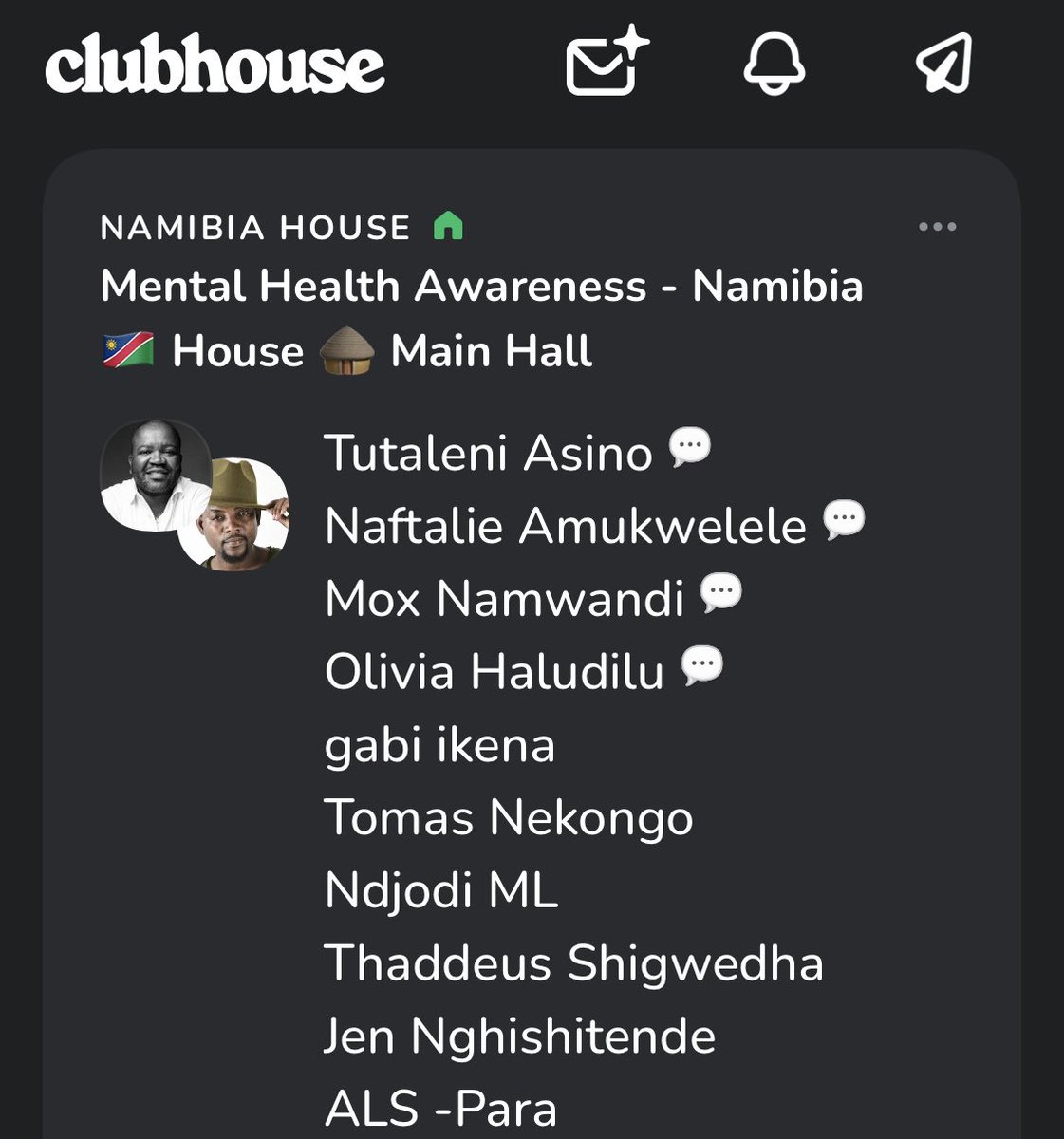 Happy to be back on <a href="/Clubhouse/">Clubhouse</a> with my .<a href="/Namibiahouse1/">Namibiahouse</a> family.
Join us for a conversation on mental health awareness.