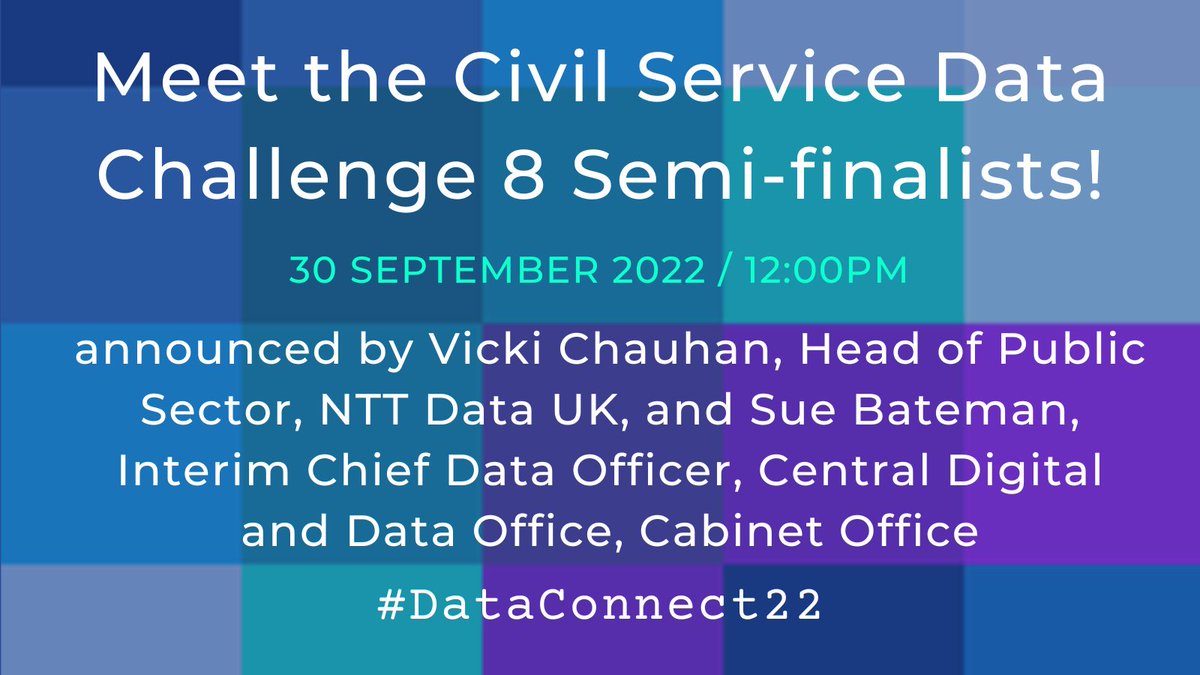 DataConnect23's tweet photo. 🚨Starting in 30 minutes!🚨
Hear about the eight ideas that have reached the semi final of the Civil Service Data Challenge! #DataConnect22
https://t.co/kmck6OppWg https://t.co/heuQoFQCnA